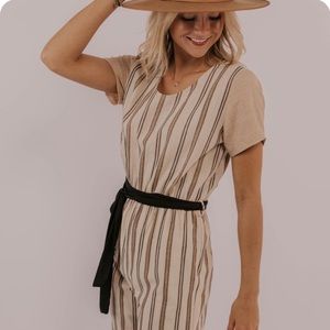 Roolee neutral striped jumpsuit with tie, size S